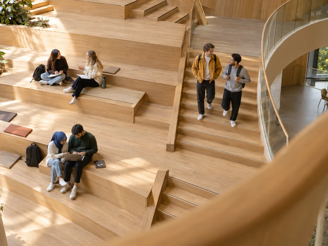 Students on the wooden steps of a campus atrium, some working together, some on their way past