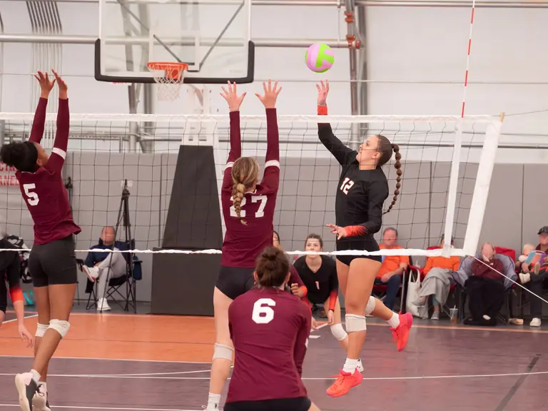 A volleyball match in a sports hall