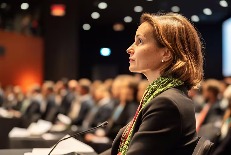 An executive listening from the front row of a conference.
