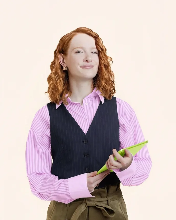 Someone holding a lime green tablet, ready to answer a question.