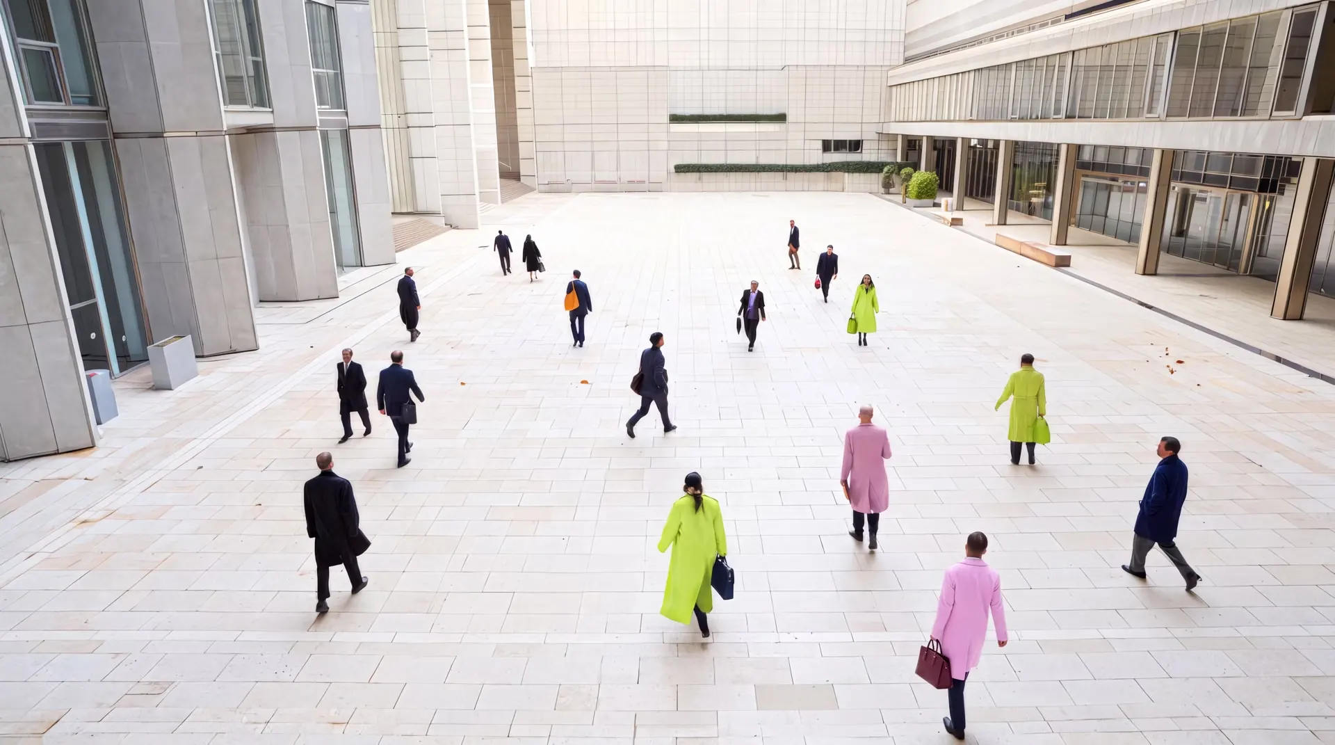 People crossing a campus plaza, several in lime and pink coats