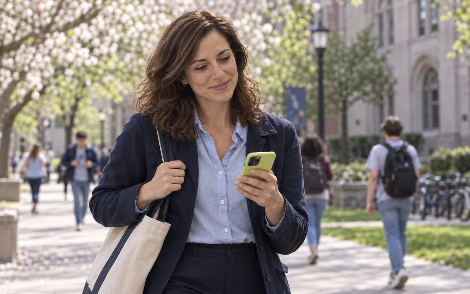 Maria walking on campus, checking her phone