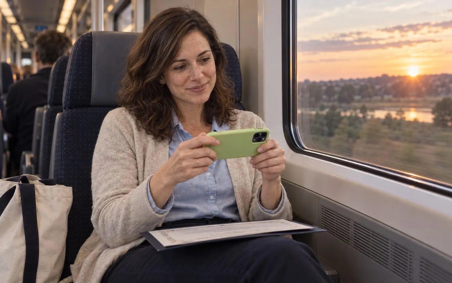 Maria on a train, photographing a certificate