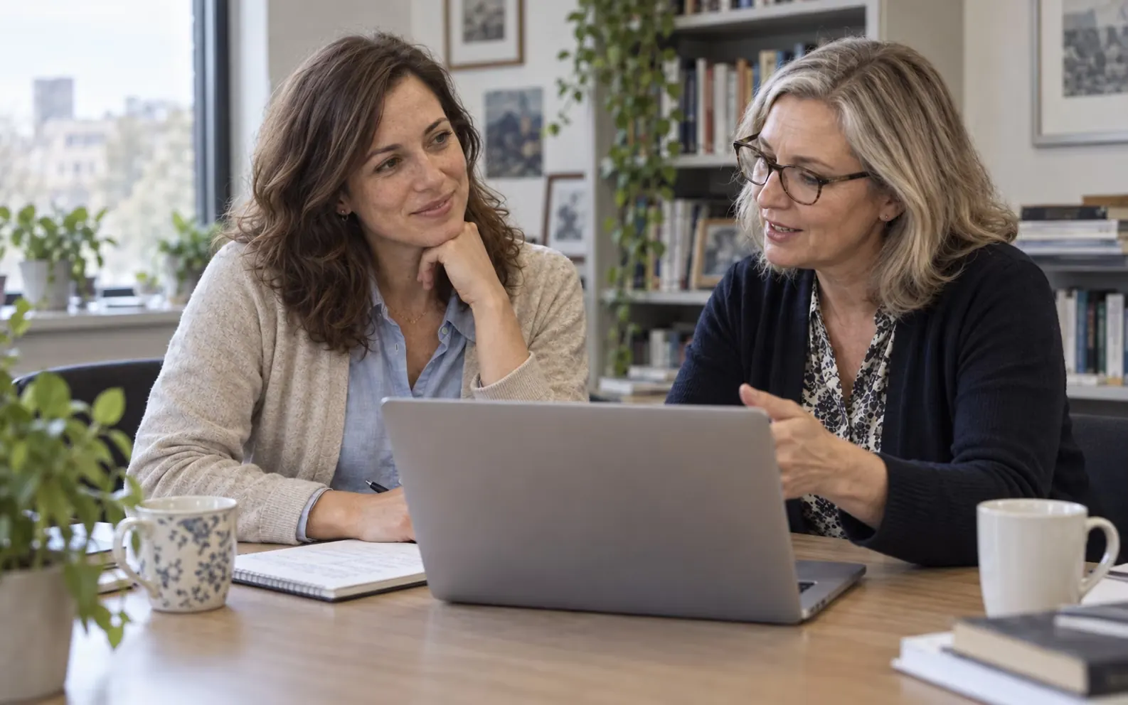 Maria and her head of department looking at one laptop