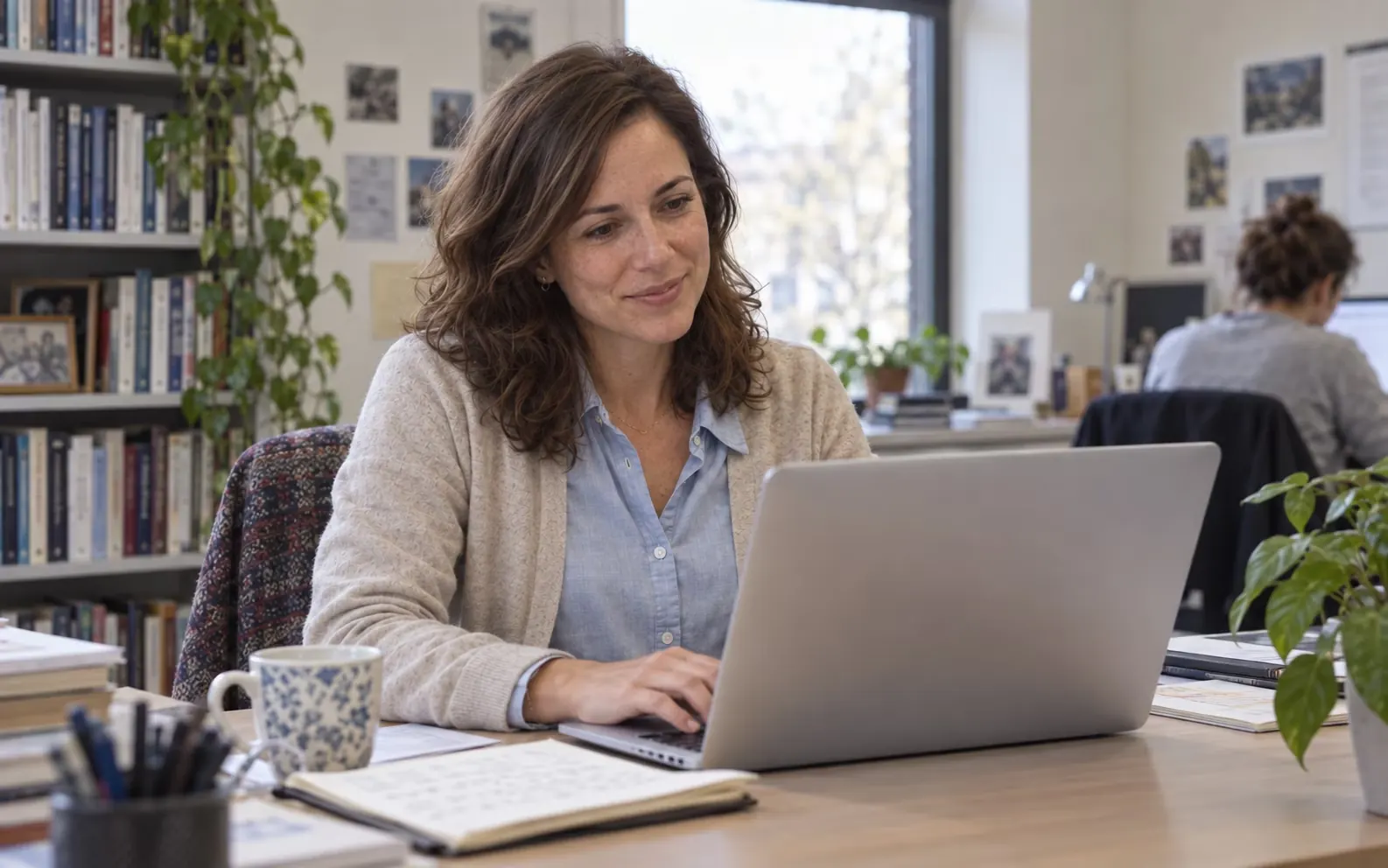 Maria at her desk, spotting a workshop on screen