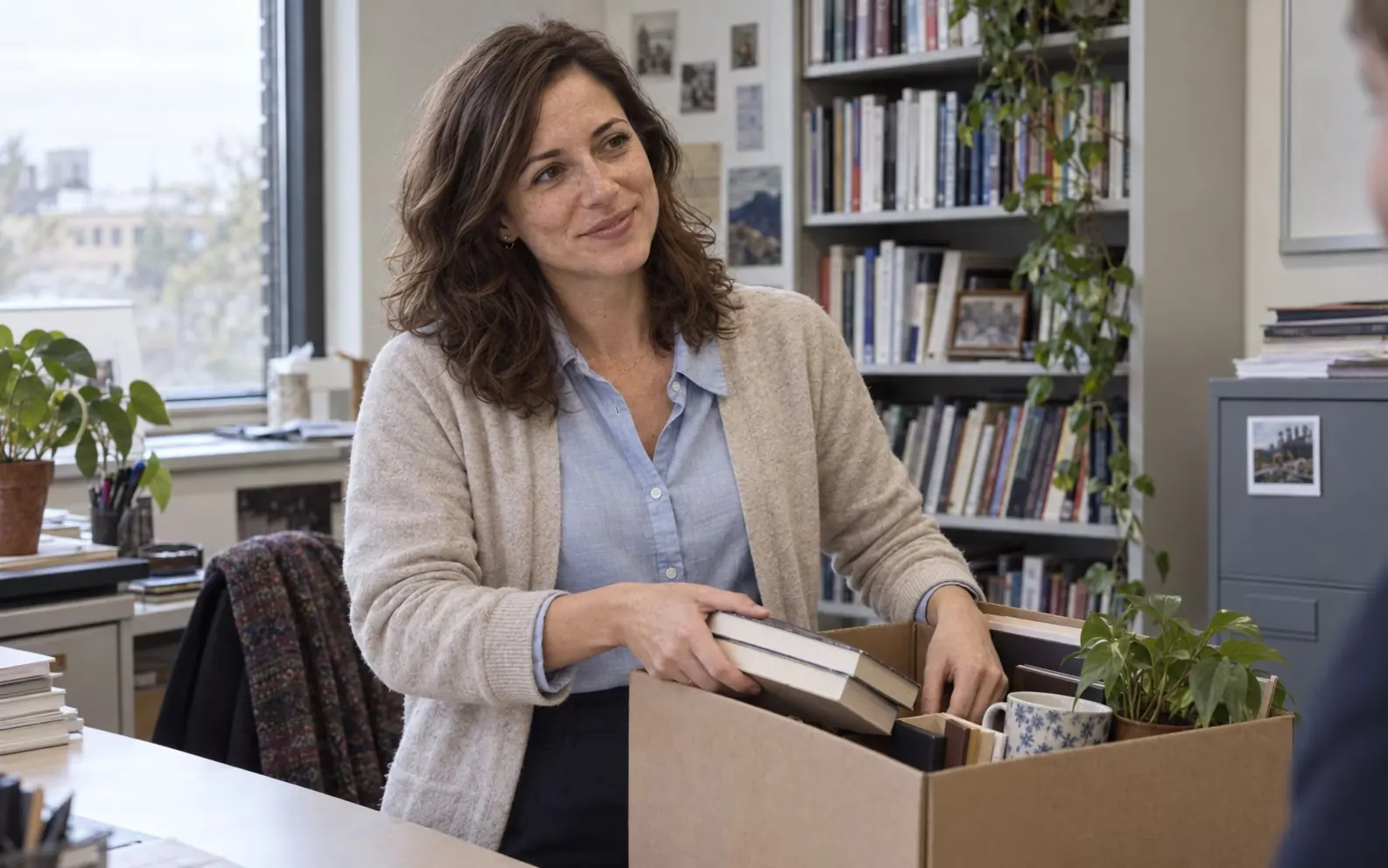 Maria unpacking a box in a new office