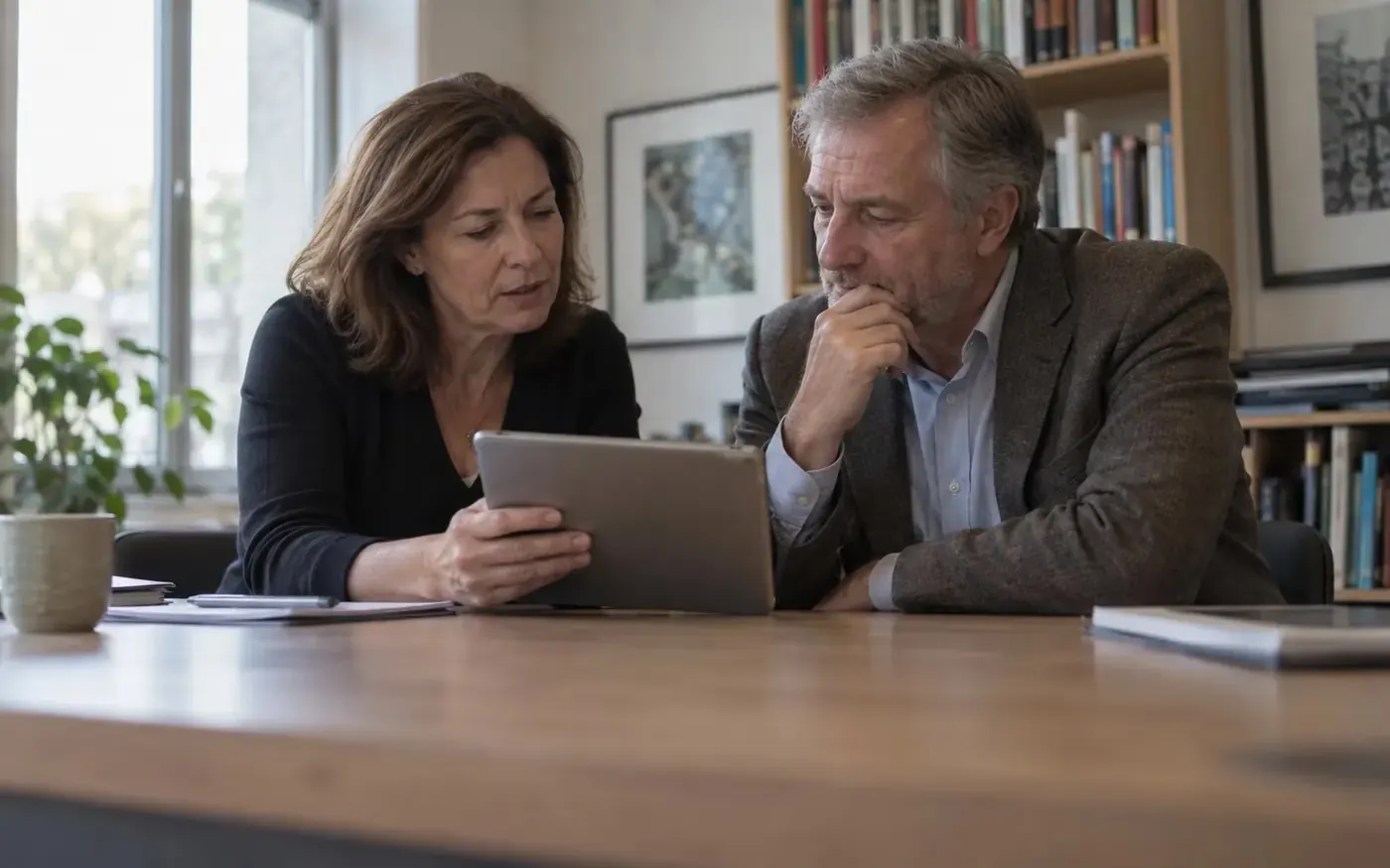 Two heads of department looking at a tablet