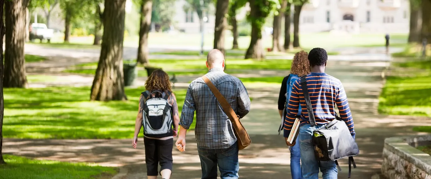 Students walking along a tree-lined path across a campus.