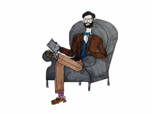 An illustrated professor reading a tablet in an armchair.